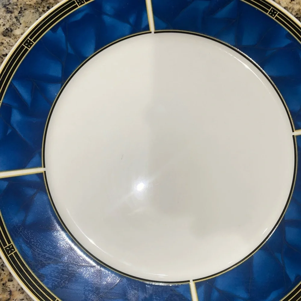 4 VTG Sapphire Sango 8822 MCM Stoneware Blue White Yellow 10.5”Dinner Plate Set
